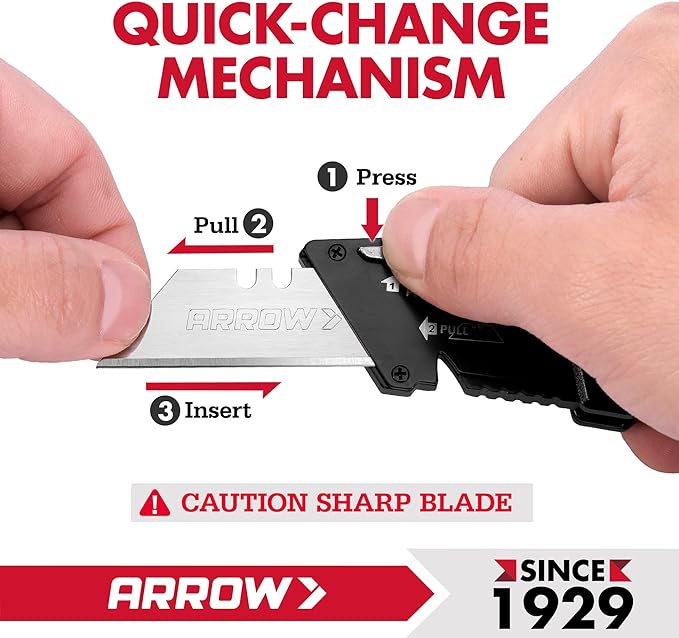 ARROW Folding Utility Knife, Quick-Change Box Cutter with Belt Clip, Liner Lock, Heavy Duty Aluminum Razor Knife with Comfortable Handle, 10 Extra SK2 Blades Included