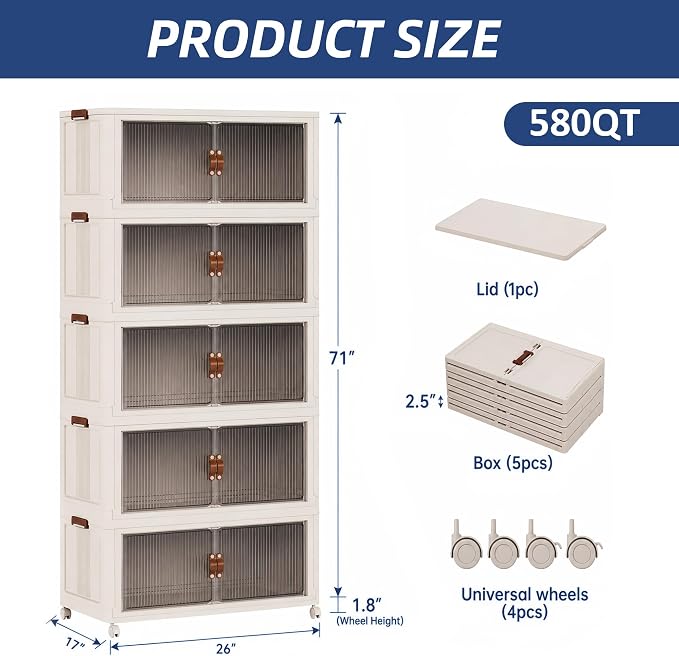 SAILUN 580Qt Stackable Storage Bins,Storage Cabinet a Lid,5Pack Blush White | Stackable Storage Drawers with Lids,26" W x 17" D x 71" H,Featuring open-front Access for Closet Storage