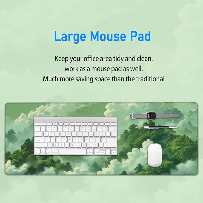Green Forest Mouse Pad,Large Misty Mountain Nature Deskmat,31.5x12in | Extended Gaming Aesthetic Office Desk Decor Micro Woven Cloth Mouse Mat with Non-Slip Base and Stitched Edge,80x30 cm