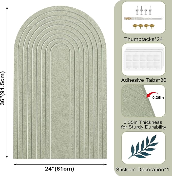 Large Arched Felt Bulletin Board, Sage Green Stylish Sized 36" x 24" Cork Board Alternative with Grooved Pin Board for Office & Wall, 3 Foldable Customizable Adhesive Tiles with Pins for Photo Display
