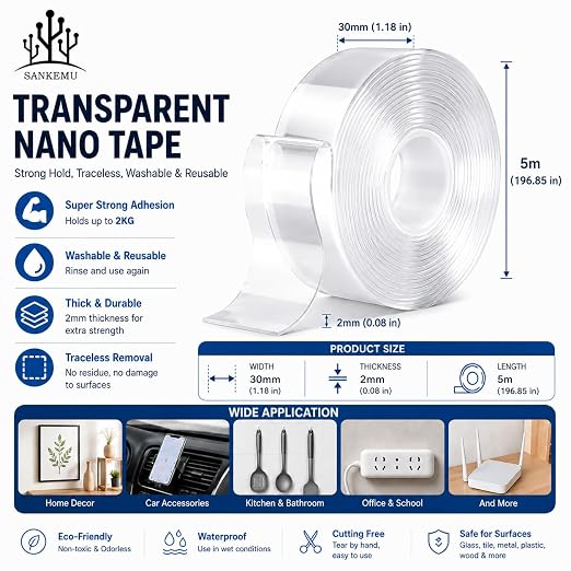 SANKEMU Double-Sided Tape Heavy Duty 16.5 FT x 1.18 in – Clear Removable Mounting Tape for Walls, Carpet, Rugs, Posters – Reusable, No-Residue, Indoor/Outdoor Nano Gel Grip