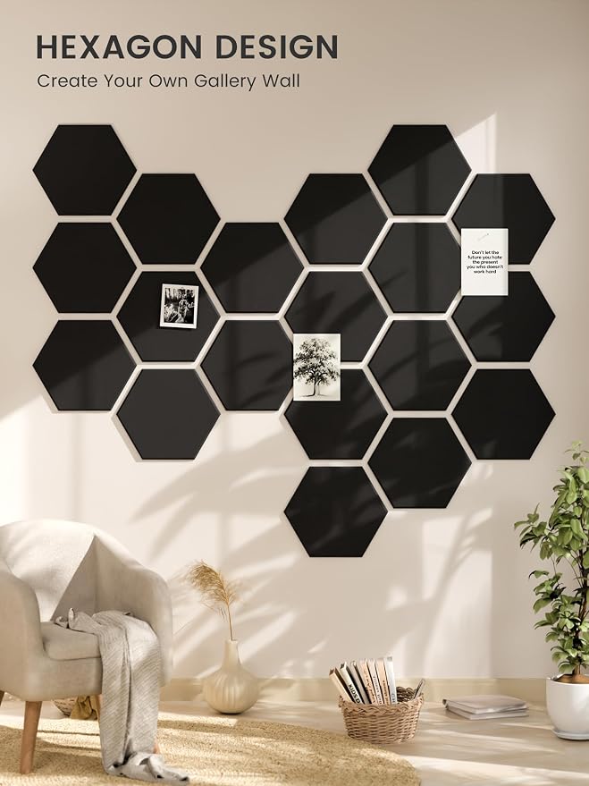 Fluxynara Extra Large 12-Pack Felt Bulletin Board Tiles, Black | Cork Board Alternative with 90 Adhesive Tabs for Notes, Photos and Reminders in Home Offices, Dorm and Classrooms