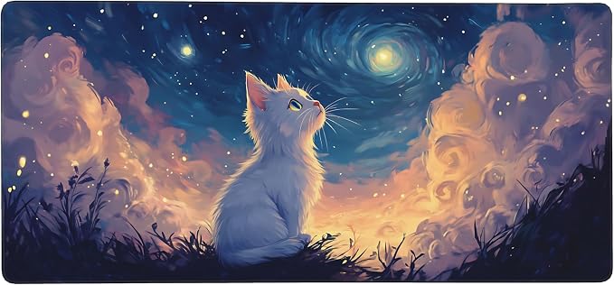 Cute Anime White Cat Gaming Mouse Pad, Blue Pink Van Gogh Desk Mat with Anti-Slip Base & Stitched Edges,35.4" x 15.7" in Table Mat for Computer Desktop, Beautiful Workstation Decor