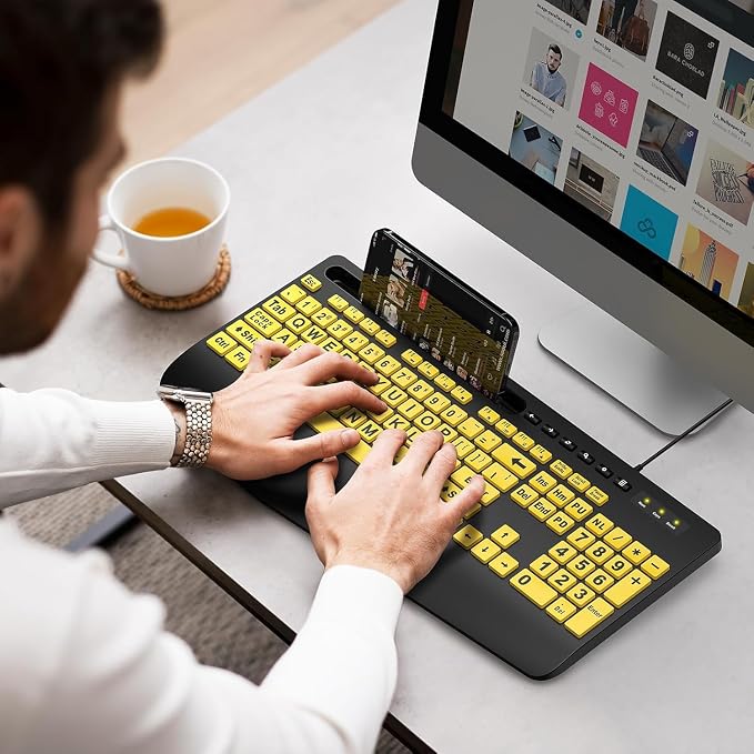 SABLUTE Large Print Computer Keyboard, Wired with Wrist Rest(Yellow+Black) | USB High Contrast Phone Holder Oversized Print Letters Easy to Read for Visually Impaired Vision Individuals