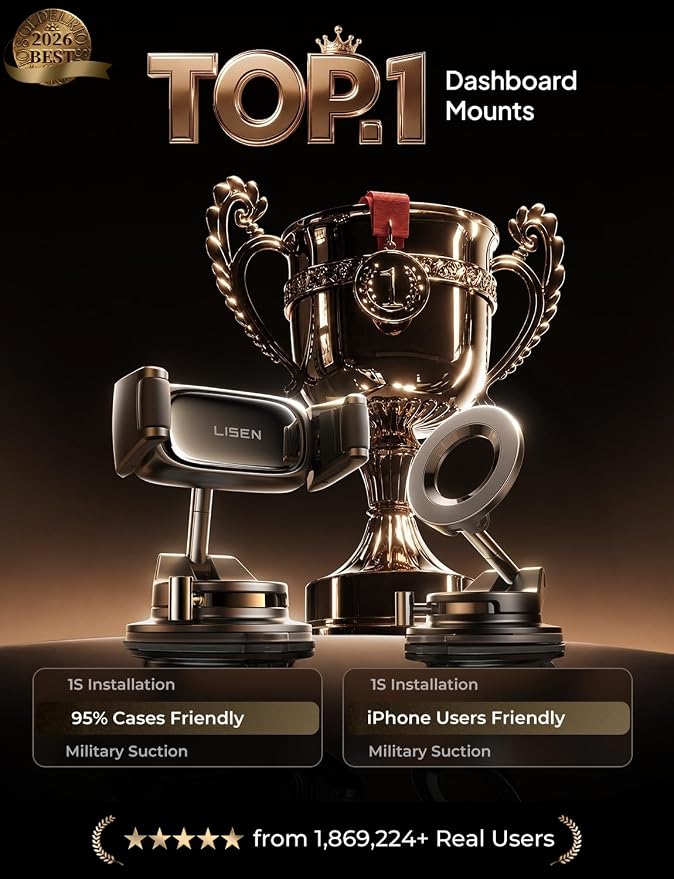 LISEN Suction Phone Mount for Car, [Ultra Suction & 95% Cases Friendly] Car Phone Holder Mount Vacuum Dashboard Phone Holder, Car Cell Phone Holder for iPhone 17 16 15 14 Pro Max Air Galaxy S26 S25