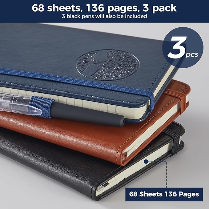 Small Journal Pocket Notebook for Men/Women, A6 (3.7" x 5.7"), 3 Pack Mini Pocket Journal with Pen, 100GSM Paper, Faux Leather Cover Diary Journal for Writing, Travel, Business, Work & School