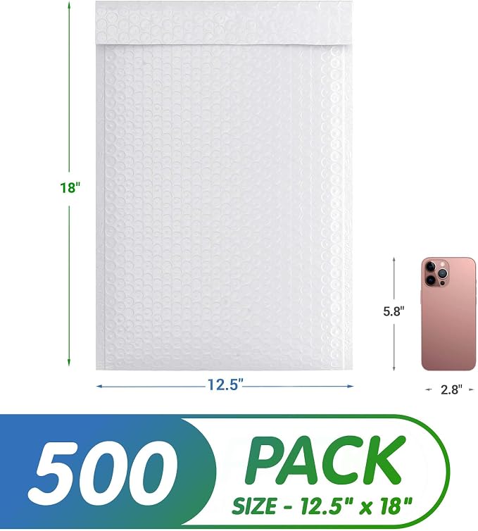 Poly Bubble Mailers, 12.5 x 18 Inch White Padded Mailers, Self Seal Shipping Envelopes, Lightweight Poly Mailer Bags, Waterproof Mailing Bags, Pack of 500