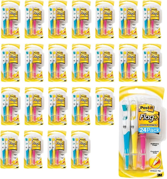 Post-it Flags + Highlighter 3 Pack, 50 Color Coordinated Flags/Highlighter, Yellow, Pink, Blue (689-HL3) - 24 Pack, 72 total count