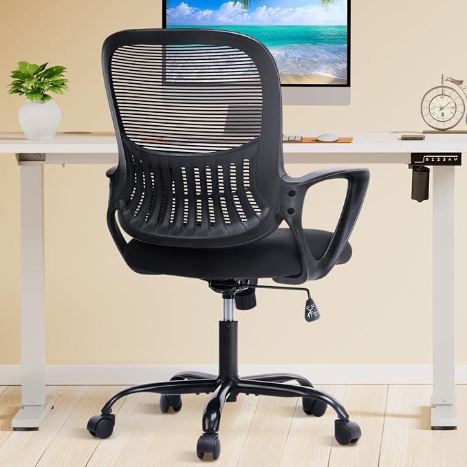 DUMOS Office Chair, Ergonomic Mesh Home Desk Chair, Lumbar Support | Ergonomic Mid Back, Height Adjustable Fixed Armrest, Rocking Mode 360 Swivel Meeting Room, Black