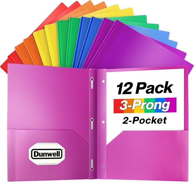 Dunwell Plastic 2-Pocket Folders with 3 Prongs, Assorted, 12 Pack | Tear-Resistant Acid-Free Poly, 3-Clasp Folders with Fasteners, Labels Included