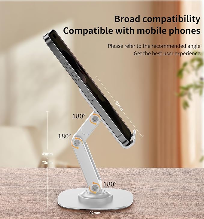 360° Rotating Cell Phone Stand for Desk (White, K69) | Adjustable & Foldable Phone Holder, Aluminum Desktop Phone Stand with Anti-Slip Base, Phone Holder for Desk