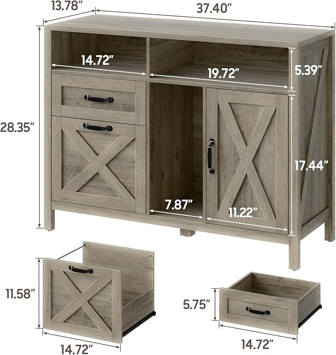 Befrases Farmhouse File Cabinet with Doors, Lateral Filing Cabinet with 2 Drawers for Letter/A4 Size Hanging Files, Large Wooden Printer Stand with Open Shelf for Home Office, Rustic Grey