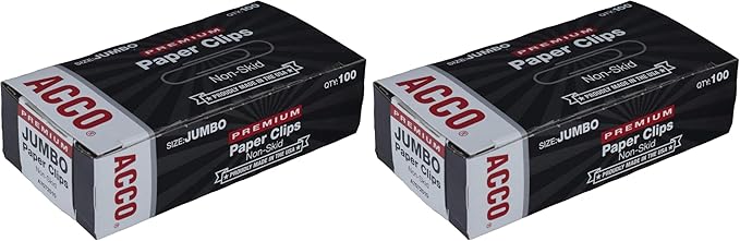 ACCO Jumbo Paper Clips, Non-Skid, Premium, Steel Wire, 20 Sheet Capacity, Silver, 1 Box of 100 Clips (A7072510) (Pack of 2)