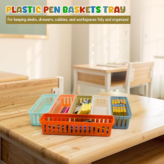 4E's Novelty 12 Pack Pencil Holder for Kids Desk, Boho Plastic Pen Baskets Tray for Organizing Classroom, Caddy Bins for Students Desk Elementary Teacher Classroom Organization and Storage Supplies