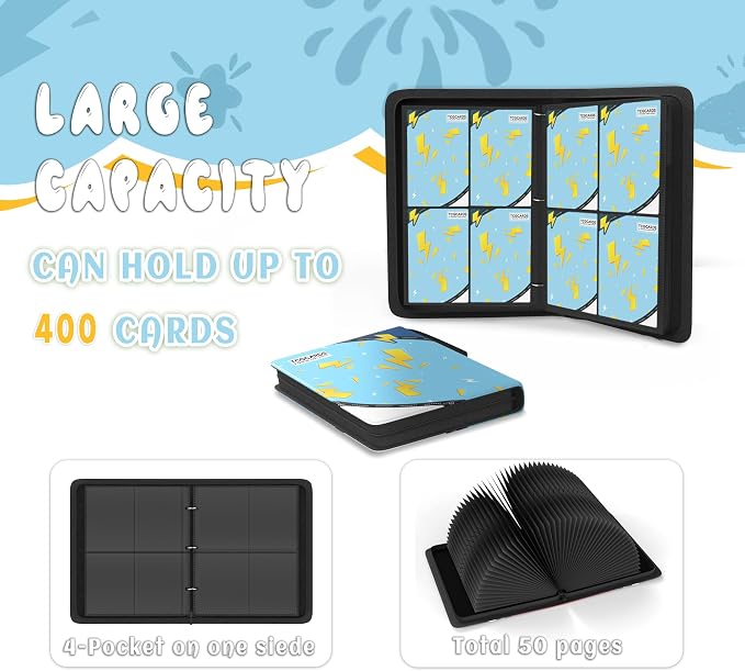 Trading Card Binder 4 Pocket, Card Binder 400 Pockels Card Book Holder Cards with 50 Removable Sleeves, 3-RingZip Design MTG/TCG/Sport Collectible Trading Card Albums Gifls for Boys and Girls (Blue)