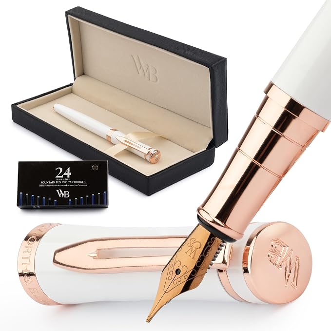 Wordsworth & Black Fountain Pen Set for Writing,Medium Nib, White Rose Gold | Gift for Men & Women, Brass Body, 18K German Iridium, Calligraphy, Converter + 24 Ink Cartridges, Refillable, Leak-Free