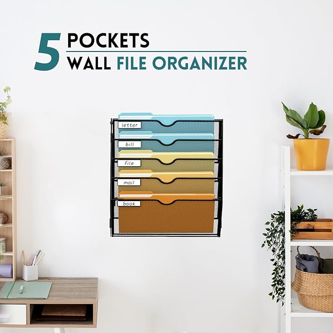 SUPEASY Wall File Organizer Mesh Office Mail Holder, Hanging Wall Organizer Magazine Rack for Office Black, 5 Tier, 2Pack