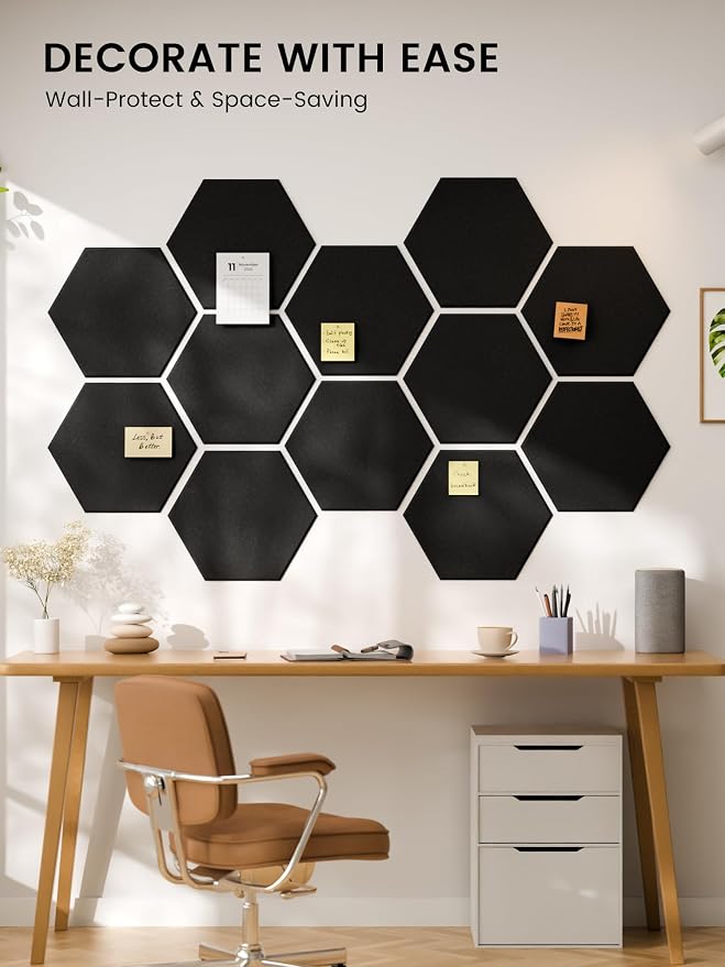 Fluxynara Extra Large 12-Pack Felt Bulletin Board Tiles, Black | Cork Board Alternative with 90 Adhesive Tabs for Notes, Photos and Reminders in Home Offices, Dorm and Classrooms