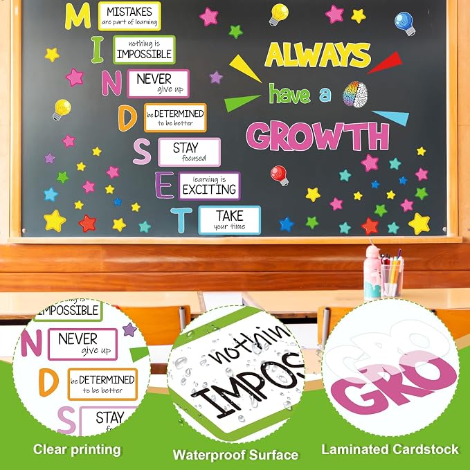 32Pcs Growth Mindset Bulletin Board Decorations Set, Colorful Classroom Bulletin Boards Decor, Motivational Growth Bulletin Board Borders for Classroom Elementary Back to School Office Wall Door