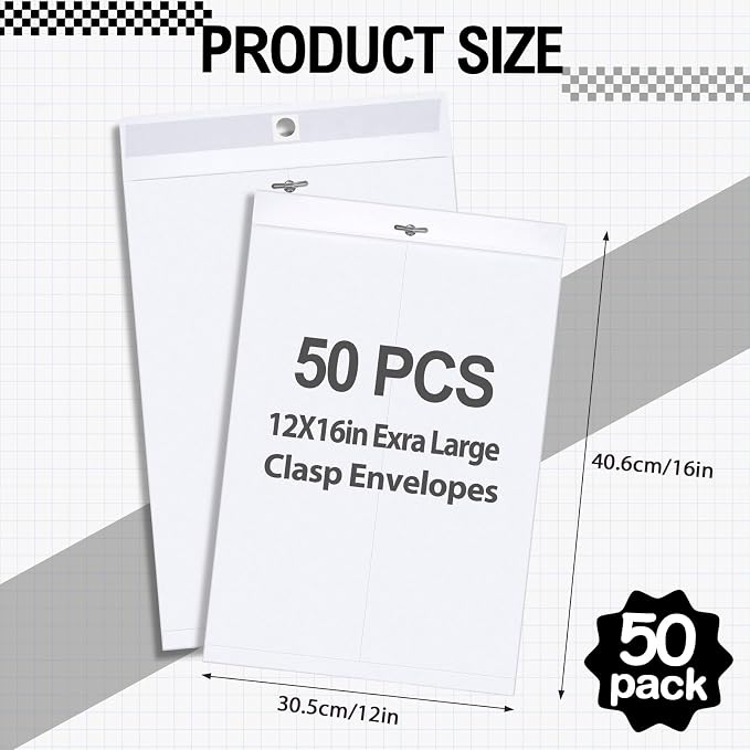 Geyee 50 Pcs 12 x 16 Inch Clasp Envelopes Letter Size Mailing Envelopes with Clasp Closure for Filing Storing Documents Office Home Business School (White)