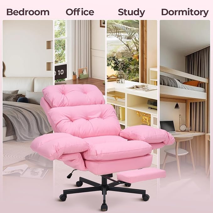 Criss Cross Office Chair with Foot Rest, Big and Tall Office Desk Chair with Flip Armrests for Pets & Cross Legged Sitting, Comfy Executive Ergonomic Reclining Computer Gaming Vanity Chair, Pink