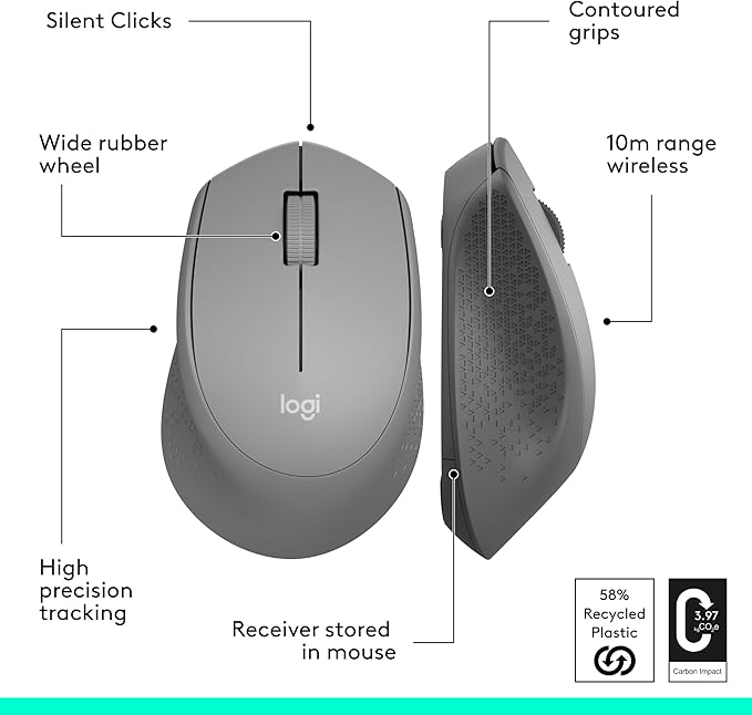 Logitech M330 Silent Wireless Mouse, 2.4GHz with USB Receiver, Optical Tracking, Quiet & Lightweight, Long Battery Life, for PC, Mac, Laptop, Chromebook - Grey