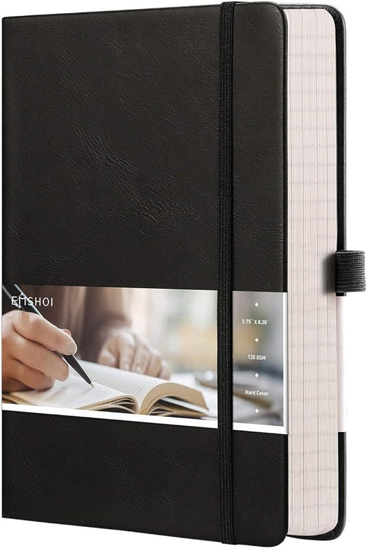 EMSHOI A5 College Ruled Notebook, 256 Numbered Pages 120GSM Ink-Proof Faux Leather Hardcover Lay-Flat Lined Journal for Work Office School Travel Writing, Small 5.75" x 8.38", Black