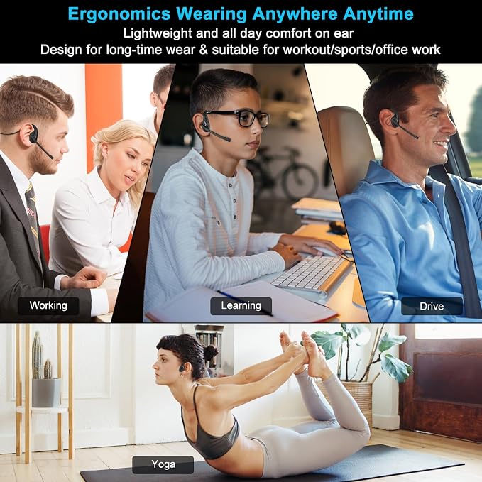 iDIGMALL Bluetooth Headset with Mic, Open Ear Headphones with Microphone | Noise Cancelling Wireless Headset for Phone PC Computer Work Home Meeting Driving, Multipoint, Lightweight & Comfortable, 10H