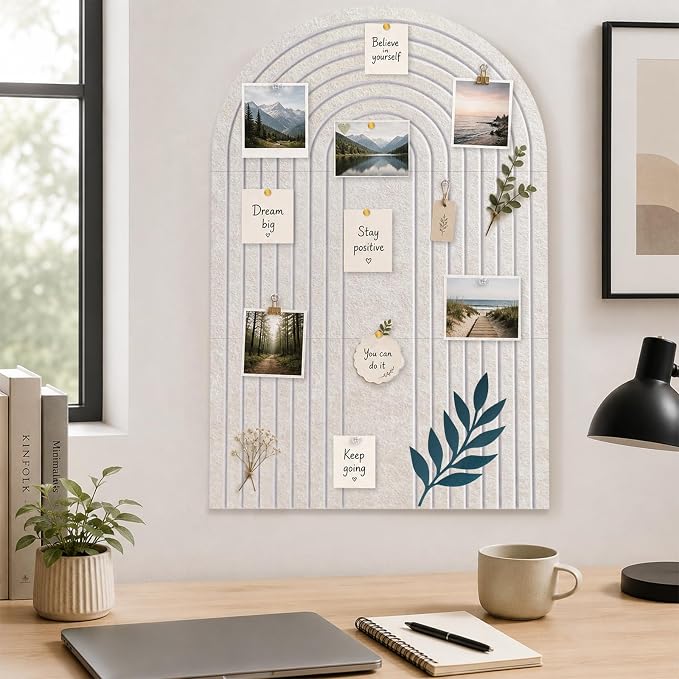 Large Arched Felt Bulletin Board, Stylish Sized 36" x 24" Cork Board Alternative with Grooved Pin Board for Office & Wall, 3 Foldable Customizable Adhesive Tiles with Pins for Photo Display, Oatmeal