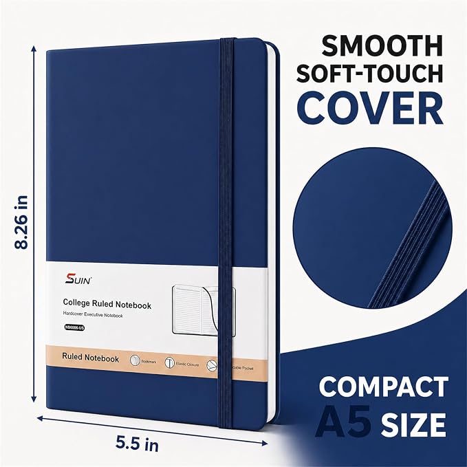 Hardcover-Journal-Notebooks, A5 Lined Journals Notebook for Writing 200 Pages, 8.2 x 5.5 inch, Classic Ruled Notebooks for Work/Travel/College (Navy Blue- 6 Pack)