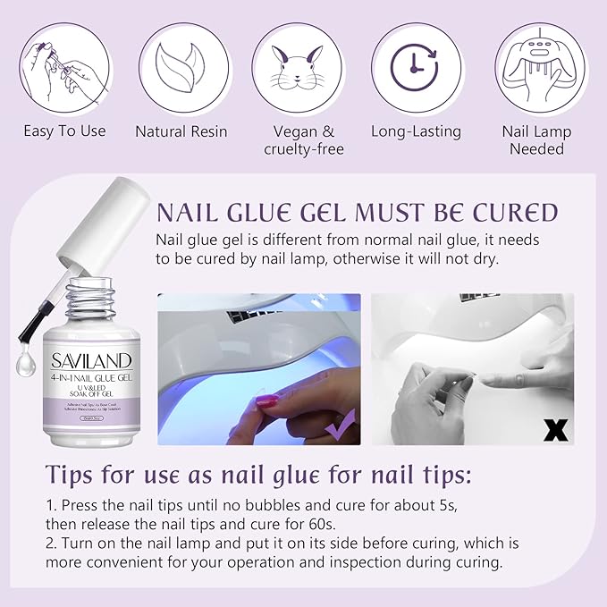 SAVILAND 4-in-1 Nail Gel Set, 2 pcs 15 ML Upgraded Nail Glue for Fake & Press on Nails, Gel Base Strengthen and Nail Repair Treatment, Replacement for Glue.
