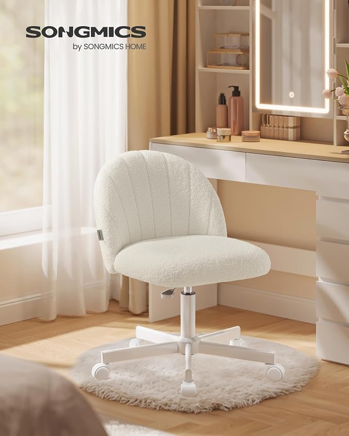SONGMICS Office Chair, Swivel Makeup Vanity Desk Chair, Height Adjustable, Foam Padded, for Home Office, Bedroom, Dressing Room, Teddy Fleece, Cloud White UOBG027WD01