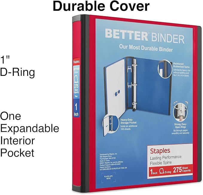 Staples Heavy-Duty 1-Inch D-Ring Binder, Red – 3-Ring Binder with Removable Spine Label, Durable Polypropylene for School & Office