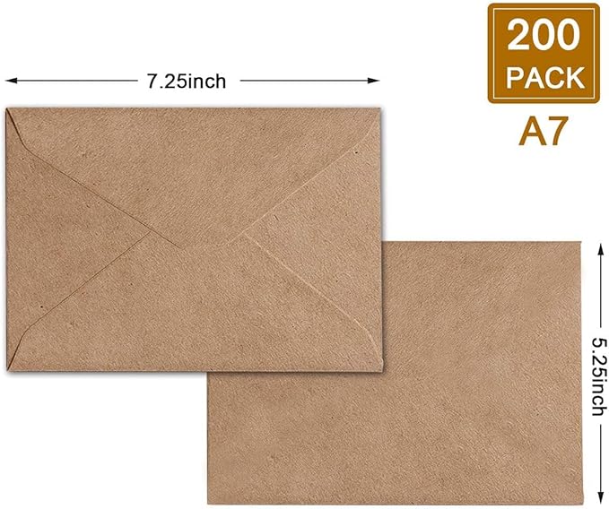 200 Pack Envelopes for Invitation- Brown Kraft Invitation Envelopes Used for Cards Used for Weddings,Invitations, Baby shower, Office (5.25 * 7.25-200pcs)