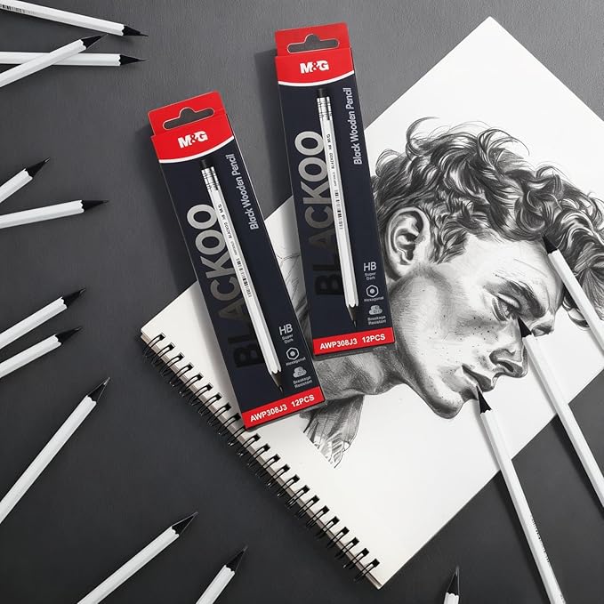 M&G BLACKOO Series HB Wood-Cased Pencils, 24-Pack Pre-Sharpened with Top Erasers, Bulk Black Pencils for School, Teachers, Writing, Drawing and Sketching (White)