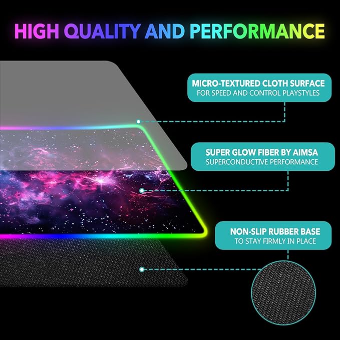 AIMSA LED Gaming Mouse Pad RGB, Large Mouse Pad with 14 Light Modes, Keyboard Mousepad Led Extended Surface (35.4 x 15.8 in) for Desktop Gamers, Blue Purple Starry Nebula