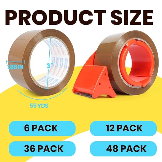 ADHES Brown Packing Tape with Dispenser, 1.88 Inch x 55 Yards | 48 Rolls Heavy Duty Shipping Tape for Moving Boxes, Packaging and Storage, Strong Adhesive