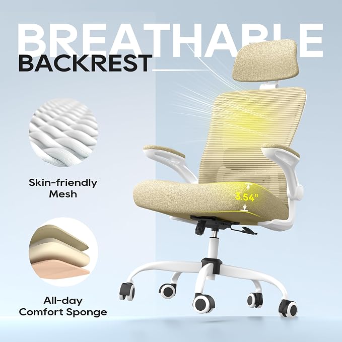 Ergonomic Office Chair for Long Hours, Adjustable Padded Lumbar Support for Lower Back Relief, 330 lb Capacity, Comfortable Computer Desk Chair for Home Office, Work & Study