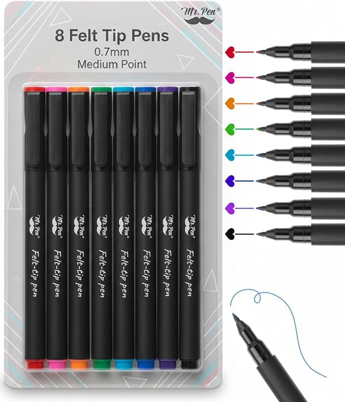 Mr. Pen- Felt Tip Pens, Assorted Colors, 8 Pack, 0.7mm, Bible Journaling Pens, Fine Felt Tip Pens Fine Point, Journaling, Note Taking, Fast Dry, Writing
