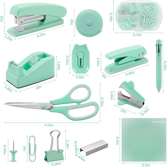 Green Desk Accessory Kit Cute Office Supplies Set Desktop Stapler Set Includes Staple Remover Hole Punch Tape Dispenser Ballpoint Pen Scissor Mini Box Cutter Tape Measure Paper Clips Sticky Notes