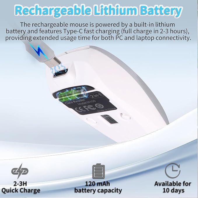 elec Space Mini Bluetooth Wireless Mouse with TF Card Reader, Rechargeable, Silent Click, Portable for Laptop, PC, Travel, Office & Home Use (Silver)