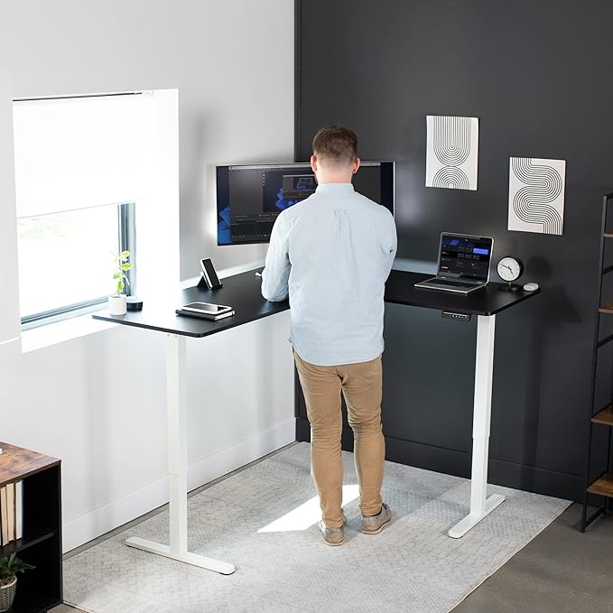 VIVO Corner Standing Desk, 63 x 55 inch Reversible L-Shaped Workstation, Electric Height Adjustment, Home, Office, and Reception Rooms, Black Table Top White Frame, DESK-E3CTWB