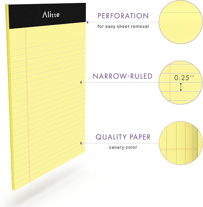 Alitte Yellow Legal Notepads 5x8, Pack of 6 - Perforated Narrow Ruled Writing Pad - Premium Thick Paper, No Ink Bleeding - Blank Legal Pads For Home, Office, School, Business - 50 Sheets Per Notebook