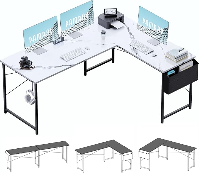 Pamray 64.5 Inch Reversible L Shaped Gaming Desk Large Corner Computer Desk with Storage Bag Home Office Table for Writing Study Marble
