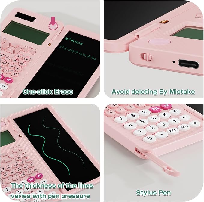 991ES MAX 417 Functions Scientific Calculators 4-Line Display with Notepad | ROATEE Rechargeable CalcNote, Foldable Portable for High School College Students and Teacher Back to School Supplies(Pink)