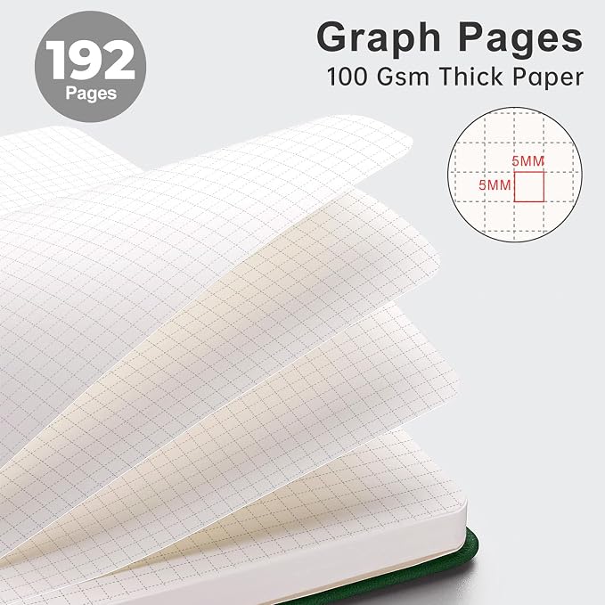 AHGXG Graph Grid Paper Notebook, 192 Pages, A5 Medium Size (5.7'' x 8.3'') | 5 Squares per Inch, Leather Hardcover, 100 GSM Thick Paper, for School, Students, Math, Engineering (Dark green)
