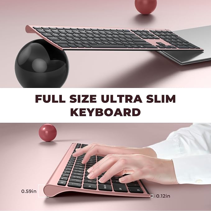 Vssoplor Wireless Keyboard and Mouse, Rechargeable Ultra Slim, Rose Gold | Quiet Full-Size Keyboard and Mouse Combo Set, for Laptop, PC, Notebook, Desktop, 2.4GHz Stable Connection, Ideal for Office