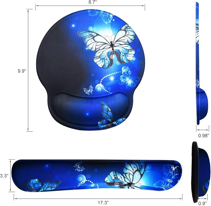 Mouse Pad Keyboard Wrist Rest, Gel Non Slip Rubber Wrist Support Rest Mouse Pad for Home Office, Computer, Laptop, Typist, Gamer, Soft Cushion Mousepad with Memory Foam Ergonomic, Blue Butterfly