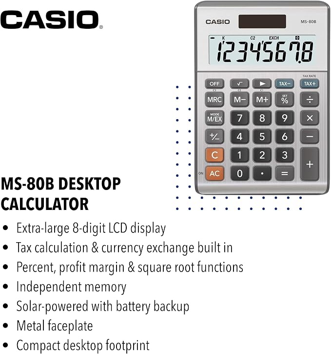 Casio MS-80B Desktop Calculator, Tax & Currency Tools | General purpose calculator with large display; ideal for home, office & everyday math