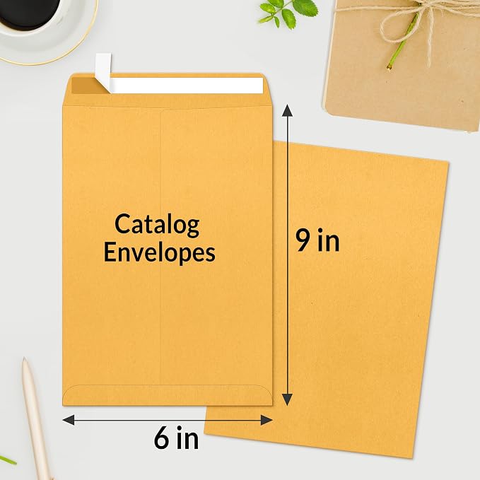 SUNEE 6x9 Manilla Envelopes, 28lb Brown Kraft, Ultra Strong Quick-Seal Security Catalog Mailing Envelopes for Flat Letter Size Documents or Photos, 100 Count
